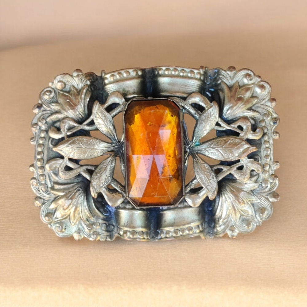 Antique Victorian brass and Czech glass sash pin
